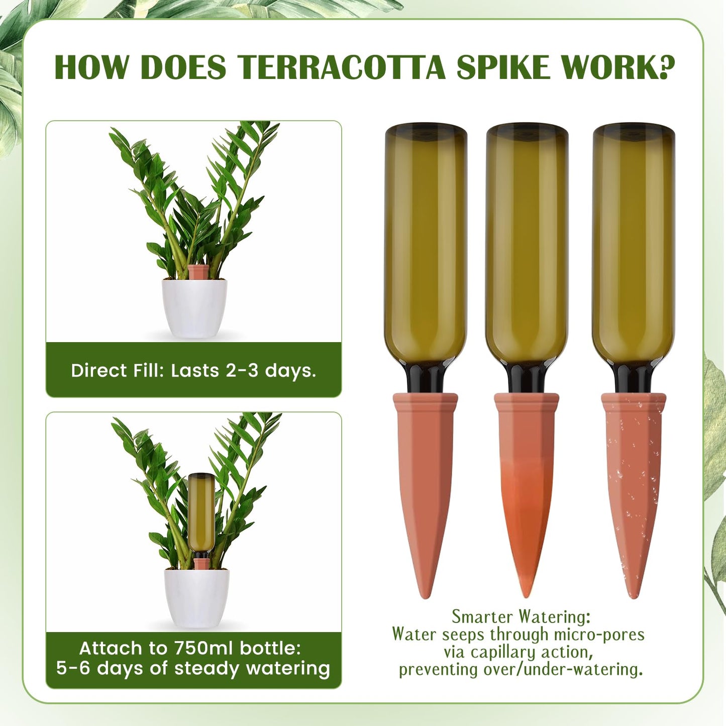 SHENGYIWA 12 Pcs Self Watering Spikes for Plants Terracotta Automatic Plant Waterer Stakes with(25.5 Oz) Plastic PET Bottles, 6 Set Self Watering Globes Keep Plants Watered for 7-9 Days (6, Green)