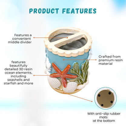 Seaside Splendor Toothbrush Holder – Beautifully Detailed 3D Ocean Elements, Seashells, Starfish, Premium Resin for Coastal Bathrooms, Guest Baths, Beach-Themed Décor, and Nautical Home Accessories