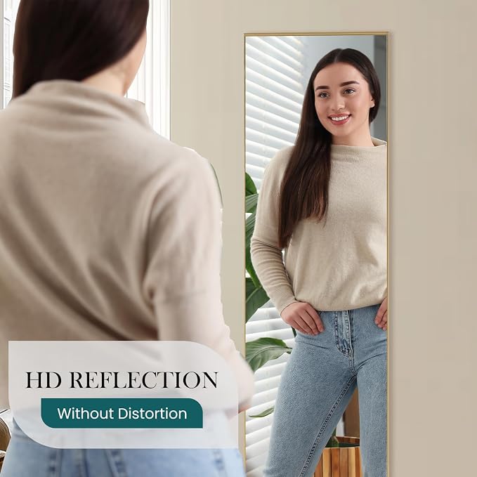 NEWBULIG Mirror Full Length, 16"x59" Body Wall Mirrors with Shatter-Proof Glass, Upgraded Floor Standing Mirror, Hanging or Leaning, with Stand Aluminum Alloy Frame for Home Decor, Bedroom, Gold