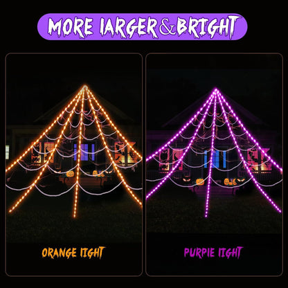 Halloween Spider Web Lights Outdoor Decorations 16.4x18.4FT 280 LED Giant Spider Web with 79" Large Spider Lighted Web with Purple Orange Lights 8 Modes Timer Waterproof for Yard Haunted Mansion Decor