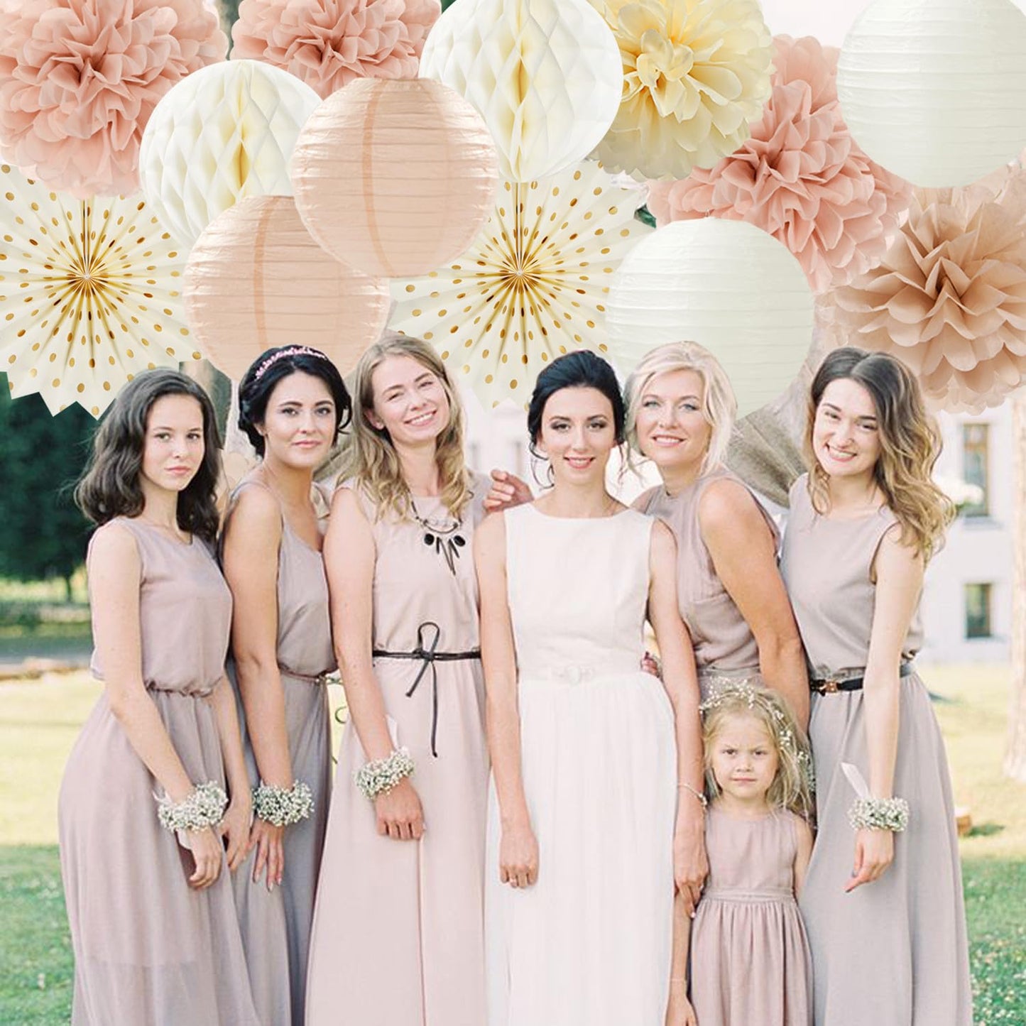 Champagne-Gold Beige-Peach Boho Party-Decorations Streamers - 14pcs Fall Neutral Baby Shower Rustic Bohemian Wedding Paper Honeycomb Lanterns Fan,Birthday Bachelorette Bridal Decor Lasting Surprise