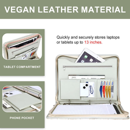 Leathario Portfolio Binder, Includes 5 Folder Index Dividers and 3 Notepads, 3-Ring Folder Organizer, Padfolio with Zipper, Vegan Leather Tablet Sleeve, Business Office Conference Clipboards