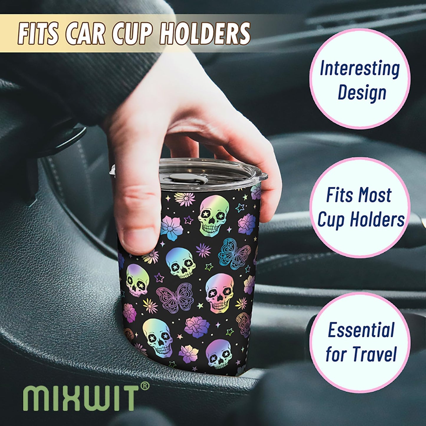 MIXWIT 20oz Rainbow Skull Stainless Steel Insulated Tumbler with Lid Colorful Floral & Butterflies Gothic Punk Style Coffee Travel Mug Cup Birthday Halloween Christmas Skull Gifts for Women