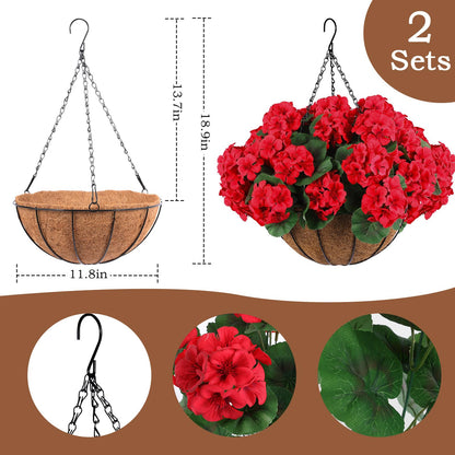Hananona 2 Set Artificial Red Geraniums Flowers for Outdoors with Hanging Baskets, 2 Hanging Planters with 12 Pcs Red Geranium Flowers for Christmas Front Porch Garden Patio Home Decor (2, Red)