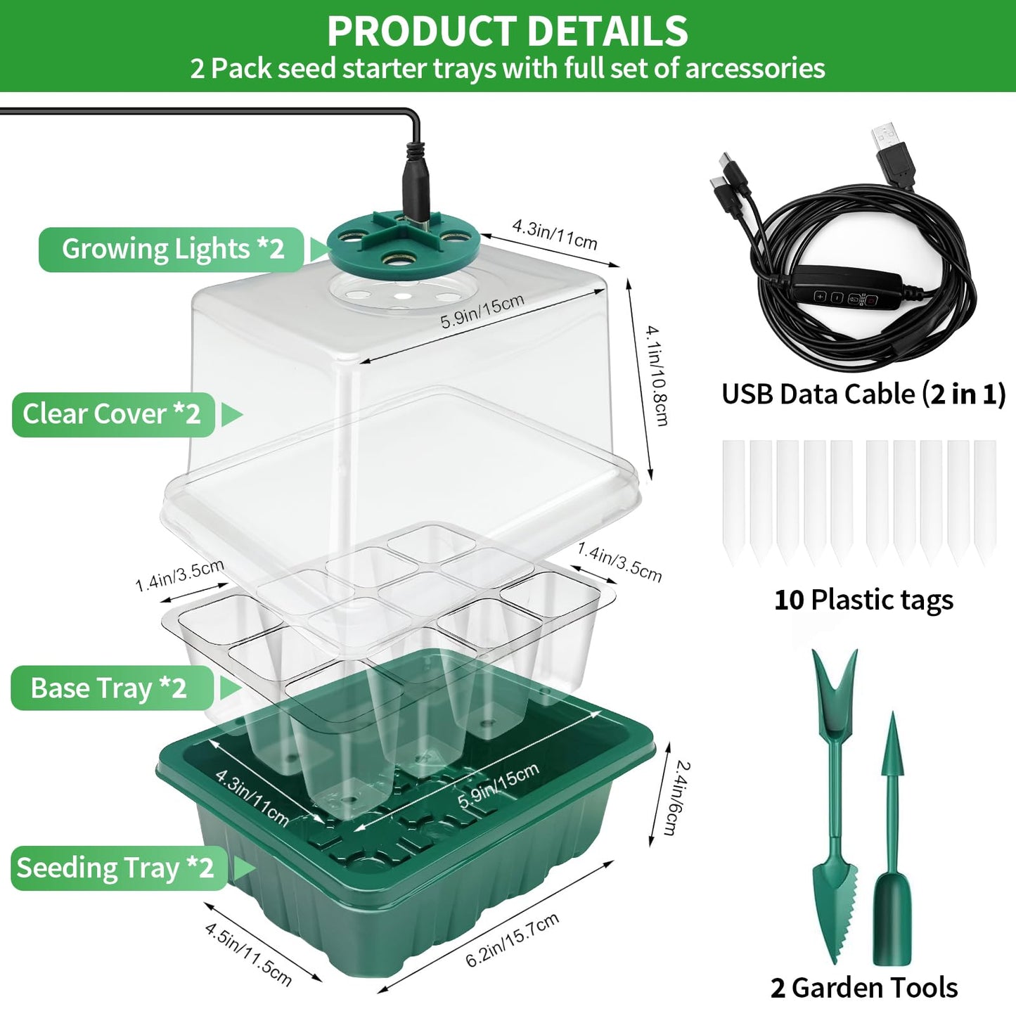 Qoolife Seed Starter Tray with Plant Light, 4 Pack Grow Lights for Seed Starting Kit with Humidity Domes, Timing Controller Adjustable Brightness for Greenhouse Propagator Station Planting Growing