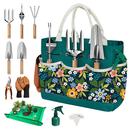 22Pcs Gardening Tools Set for Women Heavy Duty Garden Hand Tools Kit Birthday Gifts for Mom Wife Grandma Beginner Gardening Accessories with Tote Bag/Shovels/Repotting Mat/Plant Labels/Gloves