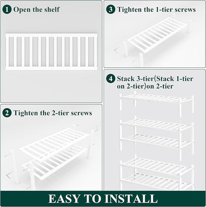 Smiry Bamboo Shoe Rack, 5 Tier Free Standing Wooden Shoe Organizer, Stackable Wood Shoe Storage Shelf for Closet, Entryway, 14 Vertical Slats, 2+2+1 Stack Heavy-Duty Legs, 26.8"x11"x32.5", White