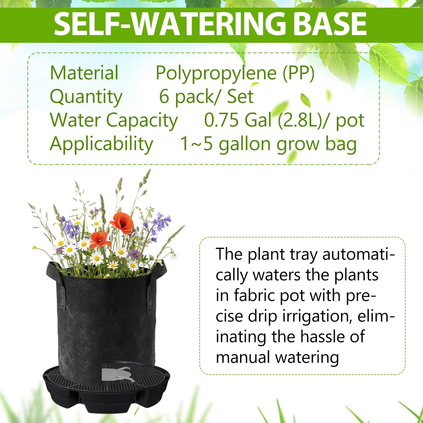 Geelin 6 Pcs Self-Watering Fabric Pot Base Auto-Irrigation System Plant Saucer for 5 Gallon Fabric Pots Auto Watering Plant Water Tray Self Watering System for Indoor Greenhouses Grow Tents Gardens