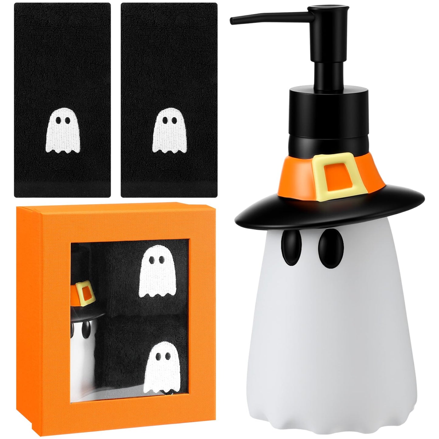 Teenyyou 4 Pcs Halloween Bathroom Accessories Ghost Soap Dispenser Lotion Pump Halloween Hand Towels Fingertip Towels with Gift Box Set for Home Bath Kitchen Decoration(Black White, Ghost)
