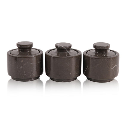 EARTHENTONES Marble Salt Cellar Set of 3, Gray Zebra 3 Inch Spice Storage Jars with Lid, Stylish Marble Tea Coffee Sugar Canisters, Luxury Countertop, Brown Sugar Keeper & Gift for Home Kitchen