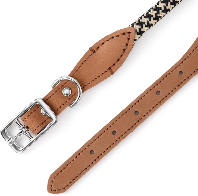 Mile High Life Genuine Leather Dog Collar, Durable Braided Cotton Rope Collar with Metal Pin Buckle for Small Medium Large Dogs (Black Khaki, L Neck 17"-21")