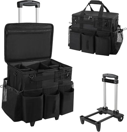 SCAVATA Rolling Cleaning Caddy Bag with Detachable Trolley, Large Cleaning Supplies Organizer with Wheels, Multi Pocket Cleaning Cart with Adjustable Shoulder Strap for Housekeepers & Home Use, Black
