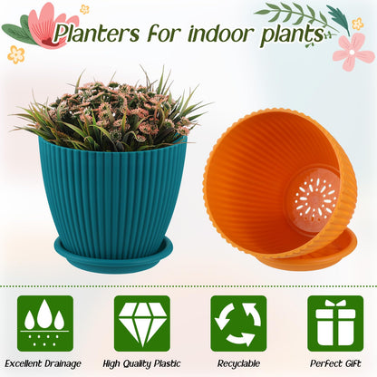 Suclain 10 Pack 6 Inch Plant Pots with Drainage Hole and Tray Saucer Plastic Flower Pots for Indoor Plants for Your Room, Office, Garden Decor(Vertical Stripe)