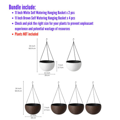 LaLaGreen Bundle- 4 Pack, 11 Inch Brown + 2 Pack, 11 Inch White Self Watering Hanging Plant Pots Round Plastic Flower Baskets with Metal Chain Rattan Style Deck Balcony Decor Porch Patio Indoor Garden