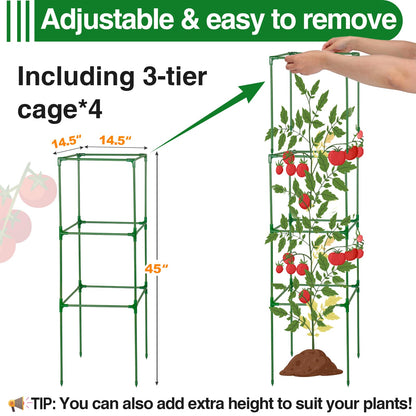 45x14.5x14.5in Square Tomato Cage for Garden - 4 Pack Adjustable Rust-Resistant Tomato Metal Trellis for Pots/Raised Beds/Outdoor, Fits Heavy Plants as Cucumber/Pepper/Eggplant/Pea, Easy to Assemble