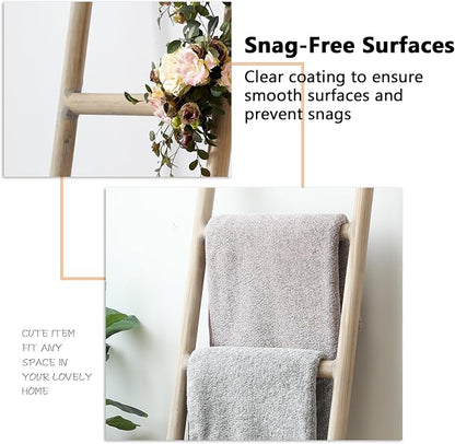 FUIN Fully Assembled 5ft Wood Blanket Ladder Living Room Decorative Wall Leaning Farmhouse Quilt Display Holder Rustic Wooden Towel Rack for Bathroom, Natural & Graywashed