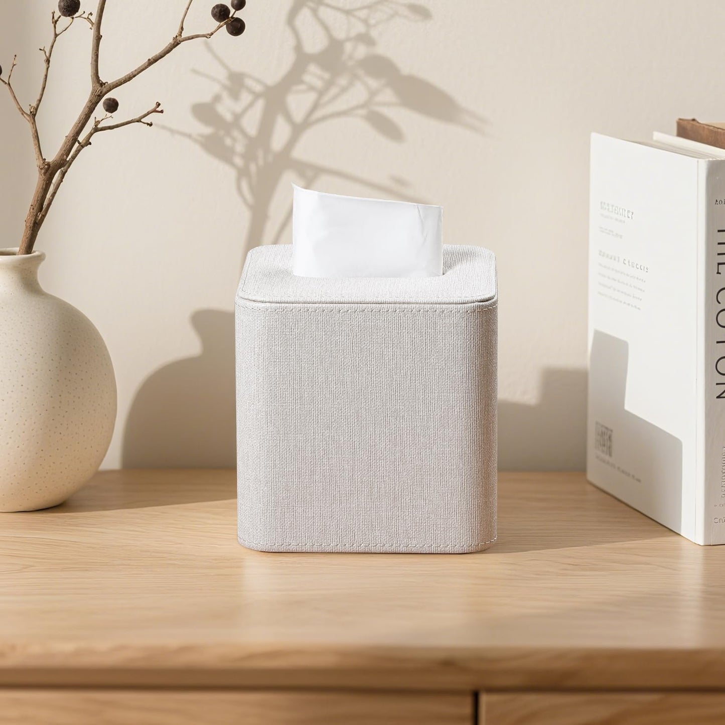 Cretkhp Square Linen Tissue Box Cover with Magnetic Closure, Modern PU Leather Tissue Box Holder for Bathroom Vanity NightStands Bedroom Office Desk, Stylish Cube Tissue Holder