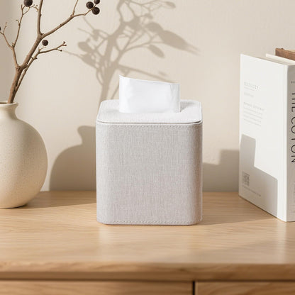 Cretkhp Square Linen Tissue Box Cover with Magnetic Closure, Modern PU Leather Tissue Box Holder for Bathroom Vanity NightStands Bedroom Office Desk, Stylish Cube Tissue Holder