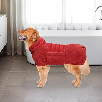 Geyecete Dog Drying Coat - Pineapple Grid Fast Drying Super Absorbent Pet Cat Bath Robe Towel - Red