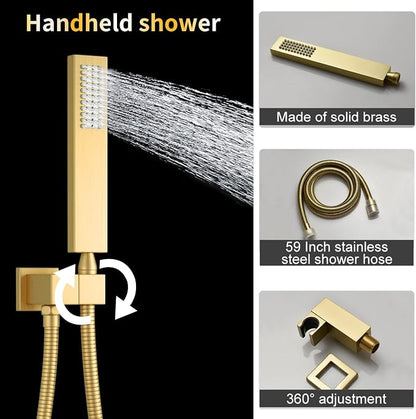 AYIVG Brushed Gold 16 x 26 Inch Full Body Thermostatic Rainfall Shower System 64 Color LED Rainfall Luxury Shower Head System with 6 Spray Jets Ceiling Mount Rain Temperature Display Shower Faucet Set