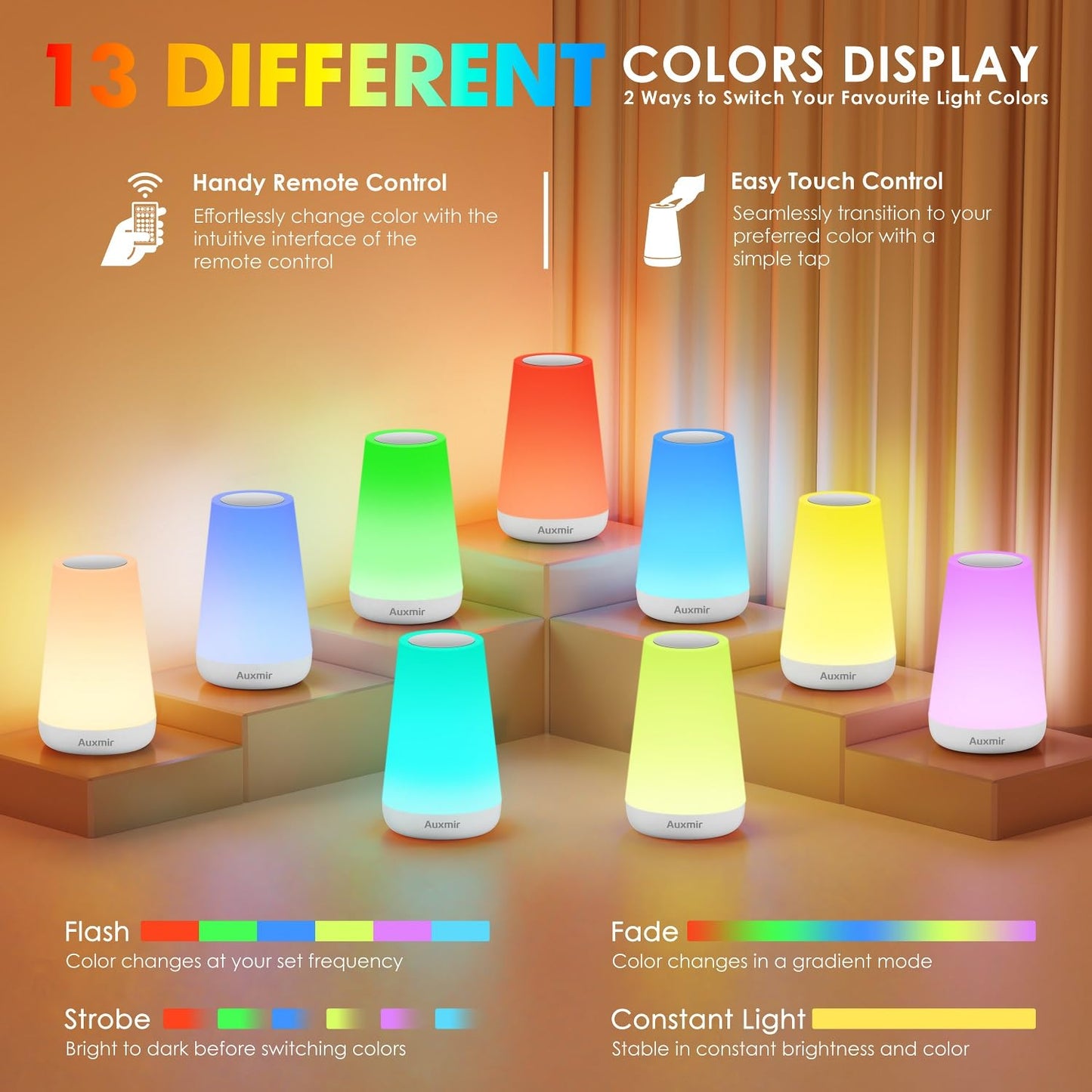 Auxmir LED Night Light Bedside Lamp Touch and Remote Control Dimmable Tabletop 13 RGB Colors Changing 5 Brightness Adjustable Rechargeable Portable Lamp for Baby Kids Nursery Bedroom Bathroom Camping