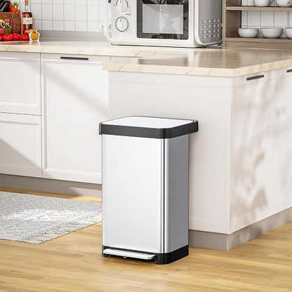 Arlopu 50L/13.2Gal Stainless Steel Trash Can W/15 Inner Bags & Rear Trash Bag Storage Compartment, Kitchen Step Trash Can with Lid & Built-in Deodorizer Box, Garbage Bin W/Foot Pedal (Sliver)