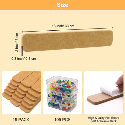 Fushing Cork Boards Felt Bulletin Boards, 13"x2" Pin Boards with Push Pins, Self-Adhesive, No-Drill Wall Mount Pin Boards for Classroom, Office, Home, Dorm, Bedroom Door (18)