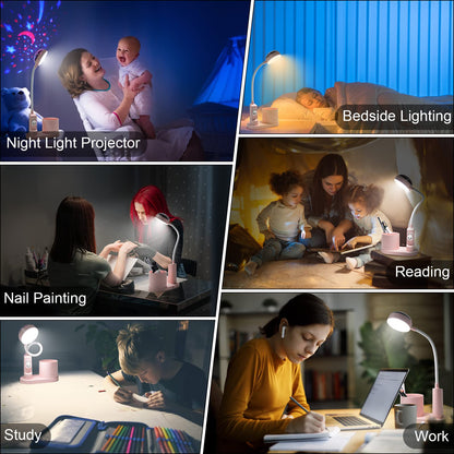 Hacevida Cute Pink Rabbit Lamp for Kids Reading Study - Star Projector/Pen Holder/3 Brightness/Eye Caring, Rechargeable Led Table Desk Lamp for Home Office Dorm Decor, Ideal Birthday Christmas Gifts
