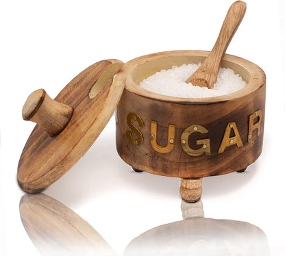 Decorative Rustic Wooden Sugar Bowl With Lid Wide Mouth Candy Treat Jar Spice Jar Holder Condiment Nuts Serving Bowl Pot Salt Spice Herb Loose Leaf Tea Storage Container Novelty Home & Kitchen