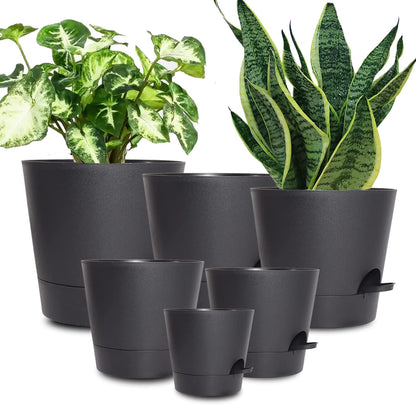 Self Watering Pots for Indoor - 8/7/6.5/6/5.5/5 Inch Self Watering Planters for Indoor Plants with Deep Saucer Reservoir & Drainage Holes Plastic Flower Pots for House Plants or Flower (Black)