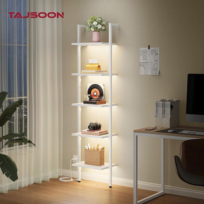 Tajsoon 5 Tier Ladder Bookshelf with Light, Wall Mounted Book Shelf, Wooden Wall Mounted Ladder Bookshelf with Metal Frame, Industrial Ladder Shelf for Office, Living Room, Bedroom, White