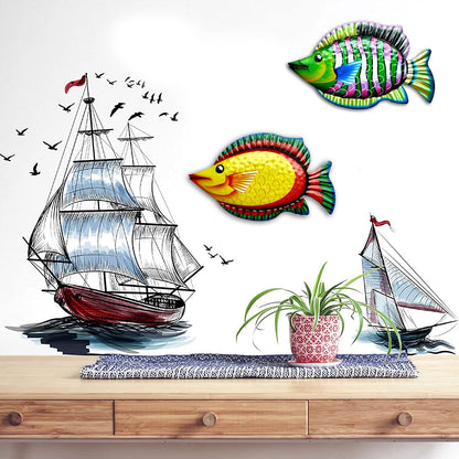 N\A NA 2Pcs Metal Fish Wall Art Decor, Metal Fish Wall Sculptures, Ocean Themed Metal Art Wall Decor, Metal Tropical Fish Art Wall Decoration (Green, Yellow)