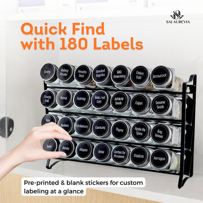 SAI AUREVIA - 28-Jar Spice Rack Organizer with 4-Tier Metal Stand | Complete Set with Glass Jars, Labels & Funnel | Space-Saving Kitchen Spice Storage (Wall or Countertop Mount)