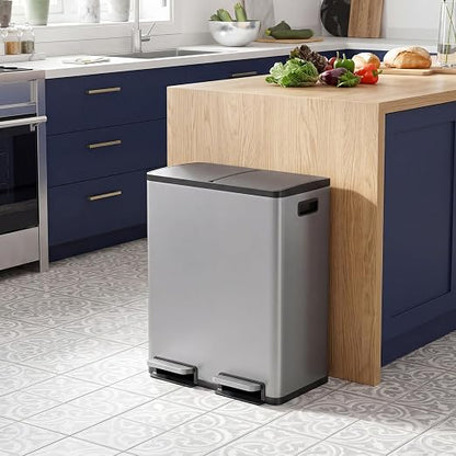 DUMOS Kitchen Double Trash Can, 2x8-Gallon Dual Trash Can with Lid, Stainless Steel Garbage Bin with 2 Removable Inner Buckets, Soft-Close Foot Pedal for Kitchen, Home, Office, Matte Gray