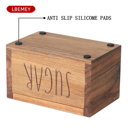 Acacia Wood Spice Box with Lid and Built-in Spoon for Kitchen Countertop, Rectangle Farmhouse Kitchen Decoror for Storing Salt, Peppers, Sugar or Seasonings, Brown (Labeled - “SUGAR”)
