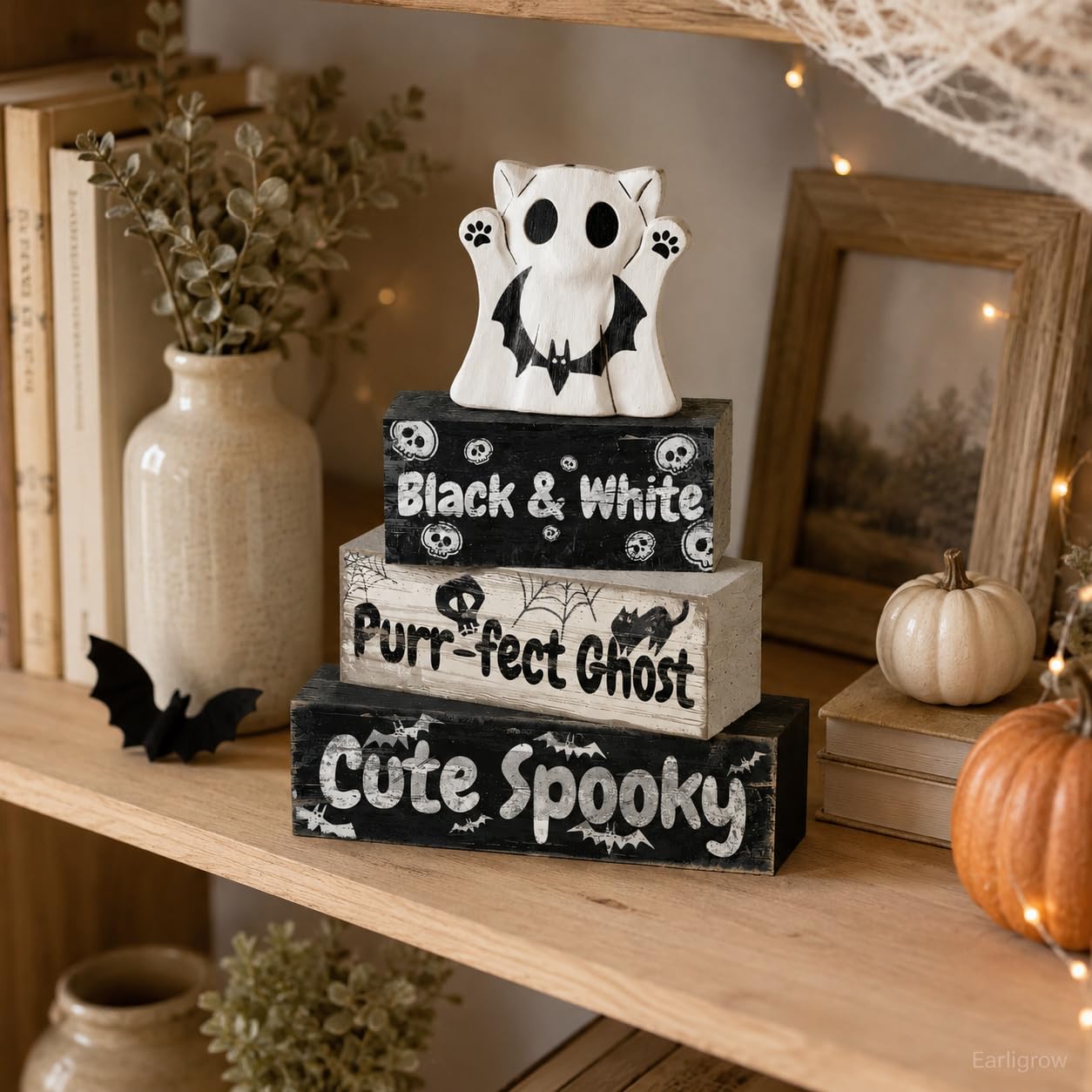 4 Pcs Ghost Cat Halloween Decor Black and White Halloween Tiered Tray Decorations Cute Spooky Rustic Wooden Blocks with Skull Bats Spider Webs Farmhouse Table Centerpiece for Home Office Desk Shelf Mantel Coffee Bar