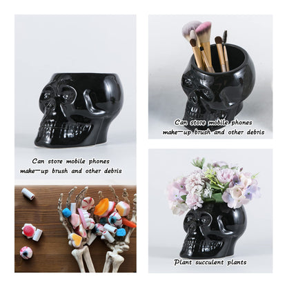 Tanvecle Skull Planter Pots, Skeleton Vase for Succulent, Flowers, Gothic Centerpiece for Table, Punk Home Decor and Accessories, Halloween and Day of The Dead Decorations - Black