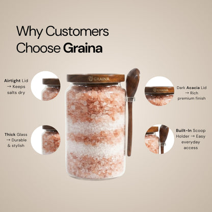 Graina Large Bath Salt Container with Scoop | 74 oz Bath Salt Jar with Lid & Scoop | Airtight Glass Canister, Premium Dark Acacia Lid, Bathroom Storage, Sugar & Coffee Canister, Home Storage