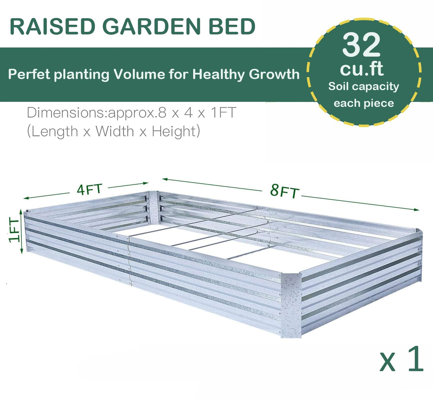 FOYUEE Galvanized Raised Garden Bed (8x4x1ft) – Overlapping 4-Inch Panels + 4 Support Bars, Heavy-Duty Metal Planter Box for Vegetables, Herbs, Flowers, No-Deformation Steel Garden Kit