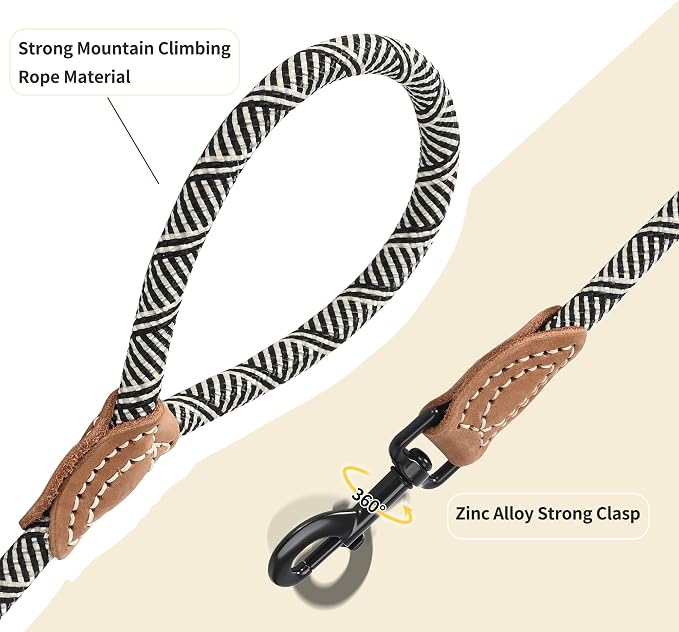 Mile High Life Rope Leash with Genuine Leather Connection, 6 FT/5 FT/4 FT, Heavy Duty Leash for Medium & Large Dogs (Black Beige, 60 Inch)
