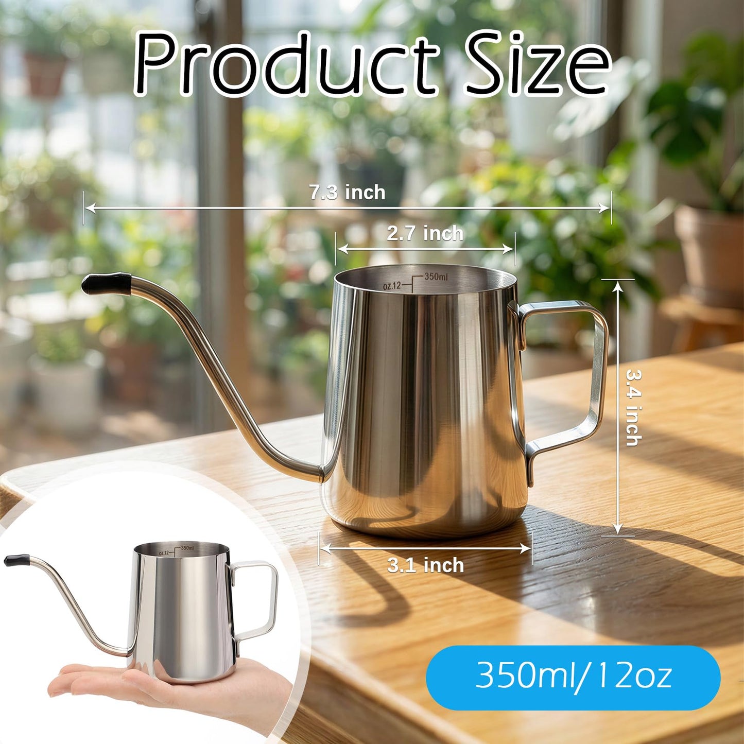 350ml Small Watering Can for Indoor Plants, 12oz Mini Plant Watering Pot with Long Spout and Handle, Silver Tiny Stainless Steel Watering-Can for Outdoor Indoor Plants Flower Garden