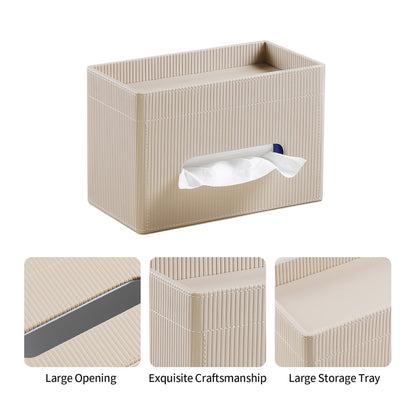 Cretkhp Tissue Box Cover Rectangle with Storage Tray, PU Leather Tissue Holder for Bathroom Vanity Countertop Night Stands Bedroom Office Desk, Stylish Rectangular Tissue Box Holder (Beige)
