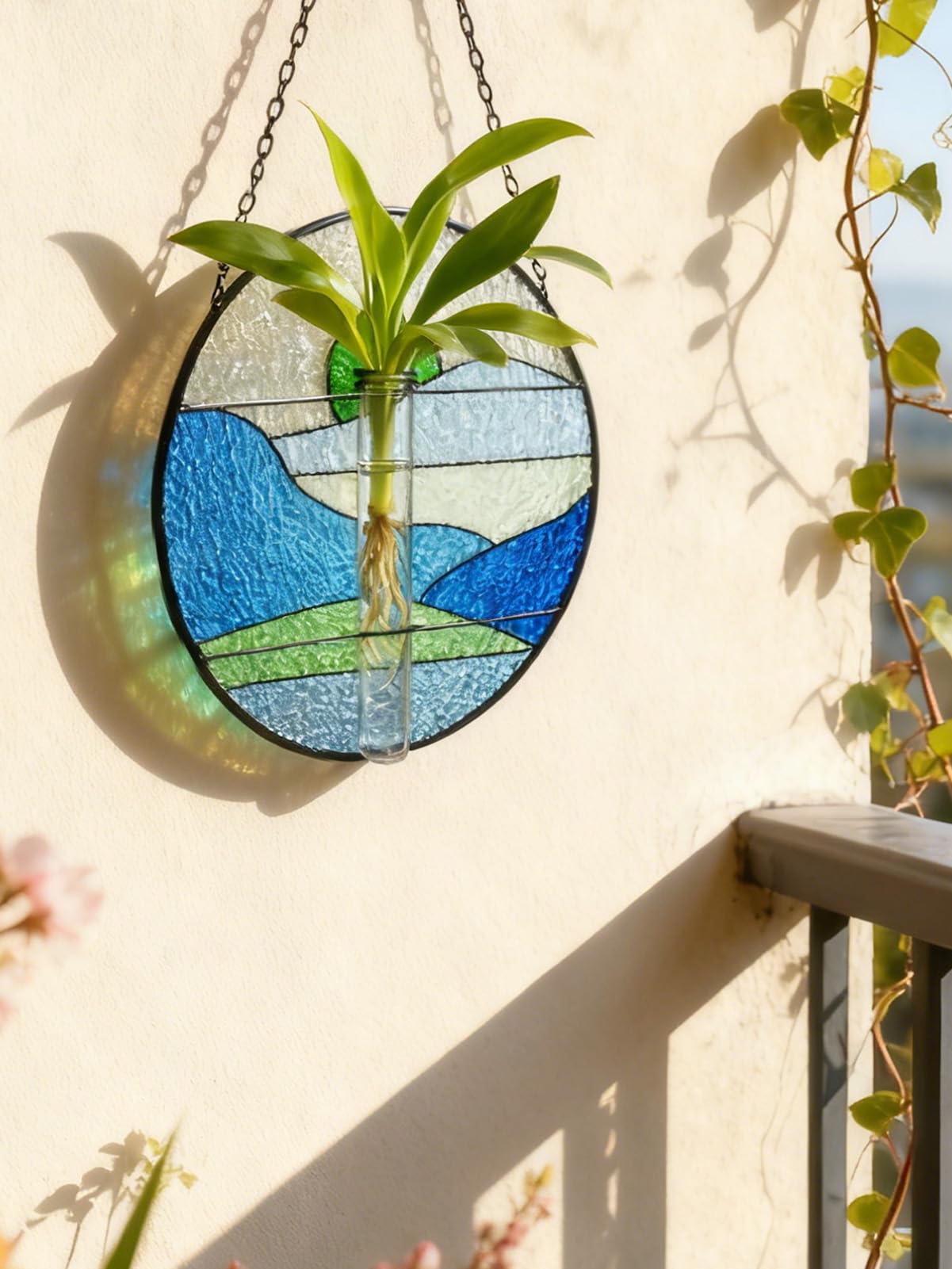 Stained Glass Propagation Stations - Sunshine Catcher Window Hanging Plant Holder, Terrariums Wall Decor for Women Mom Plant Lovers Gardening Gifts, Blue