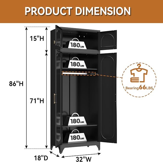 Polup Metal Armoire Wardrobe Closet, 86 Inch Tall Freestanding Wardrobe Cabinet with Hanging Rod, Bedroom Armoires with Doors, 18" D x 32" W x 86" H, Black, Assemble Required, Shipped in Two Packages