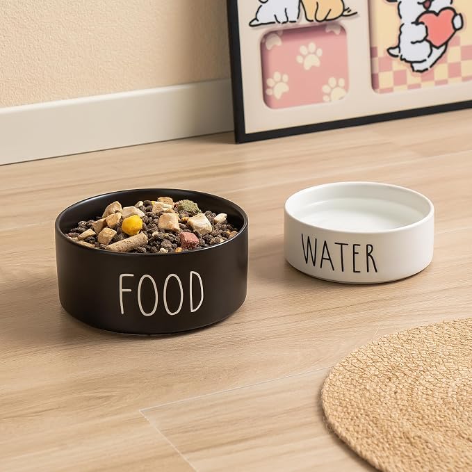 Ceramic Dog Bowls Set of 2 - Weighted Dog Dishes with Food & Water Lettering for Cats and Small Dogs, Food Grade Pet Bowl, Dishwasher & Microwave Safe (5.1 inch, 2 * 16oz, Black)