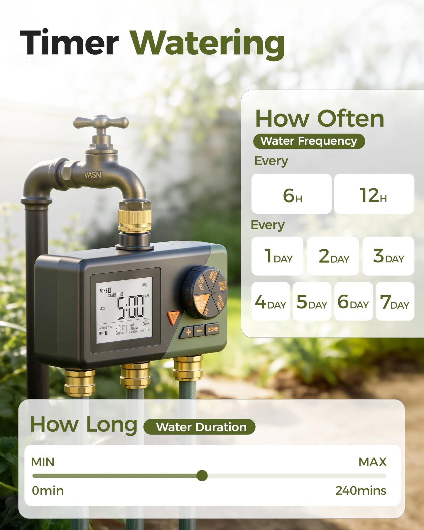Diivoo Brass 3 Zone Sprinkler Timer, Programmable Hose Timers for Watering 3 Outlet with Large Display, Rain Delay & Manual Mode for Outdoor Automatic Irrigation of Garden, Lawn, Yard