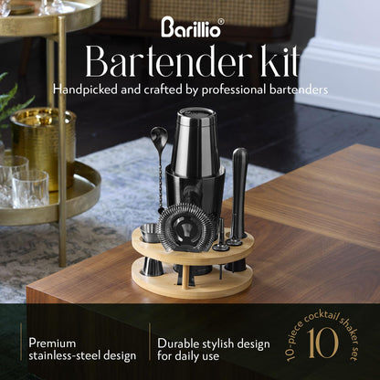 Barillio Black Mixology Bartender Kit with Stand - Cocktail Shaker Set with Bamboo Stand, Boston Drink Shaker, Mojito Muddler, and Drink Mixer Spoon - 9-Piece Bar Tools Set - Bar Accessories for Home