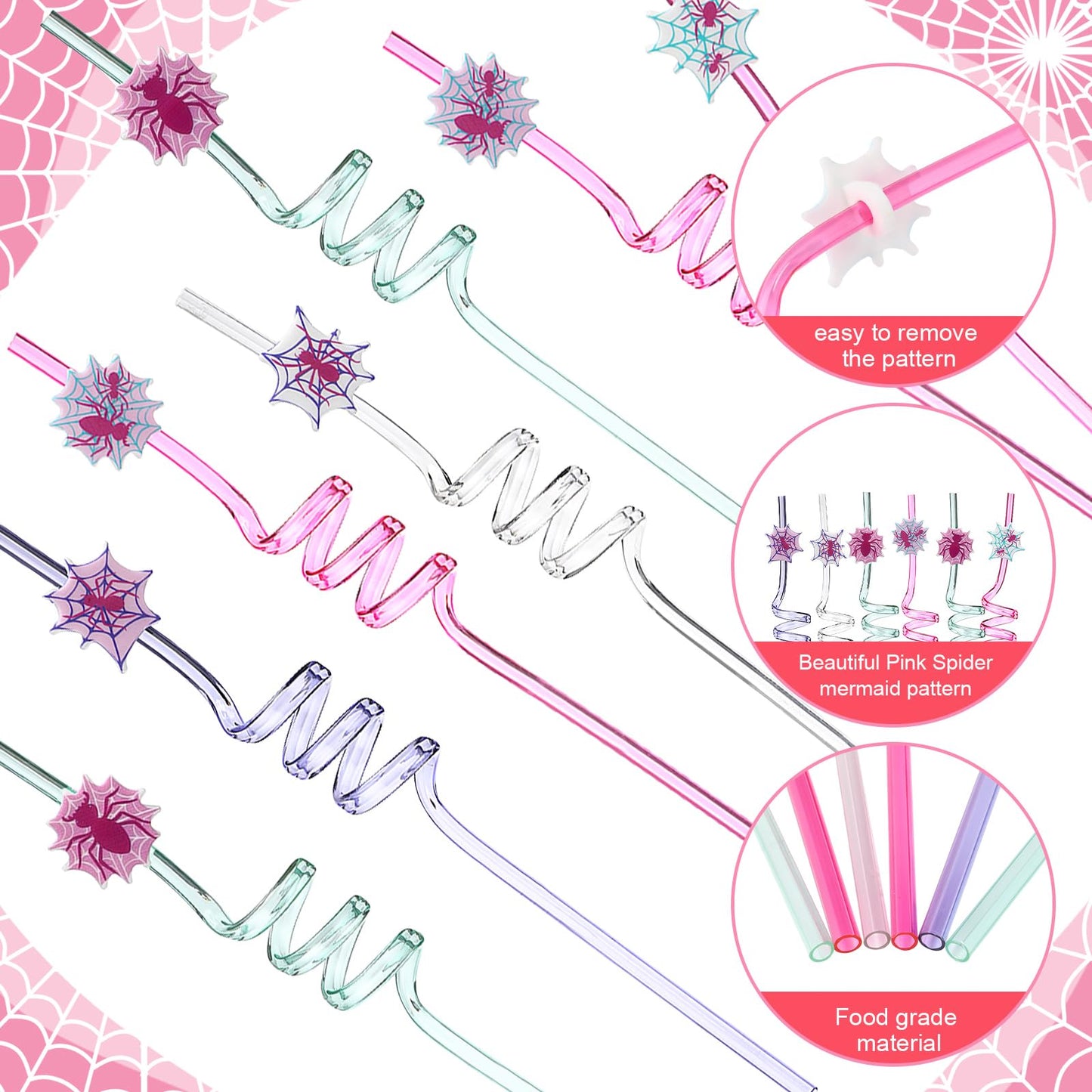 Yungyan 16 Sets Pink Spider Ghost Party Favors Goodie Cups with Lids and Straws for Halloween Party Decorations Reusable 16oz Plastic Candy Cups Plastic Straws for Birthday Gift (Pink Spider)