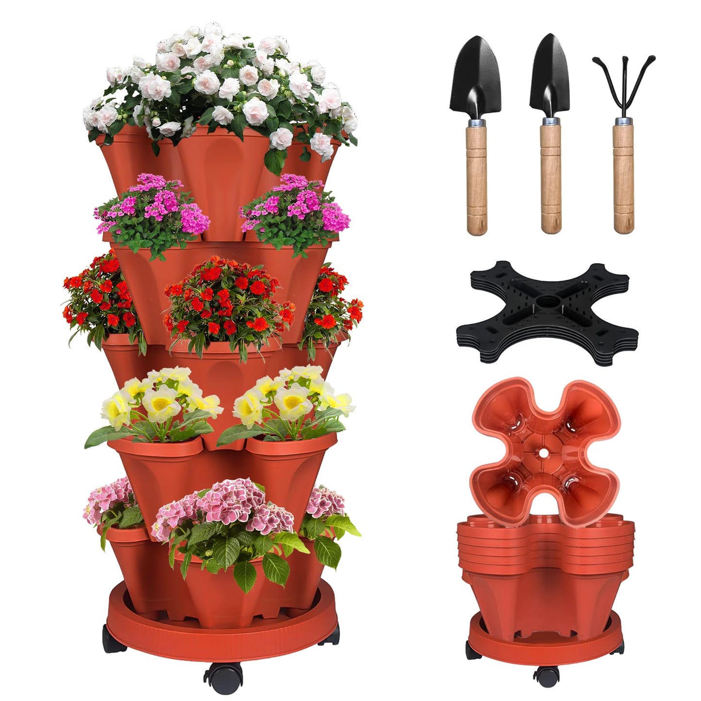 Bociks Vertical Strawberry Planter 5 Tier Stackable Tower Herb Planters Stacking Outdoor Garden Planters Pot With Tools Mover For Growing Flowers, Vegetables and Succulents