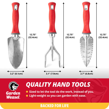 Garden Weasel 3-Piece Hand Tool Combo Set | Trowel, Transplanter and Cultivator | Heavy Duty Lawn and Garden Set, Digging, Planting, and Weeding | 91370-Q